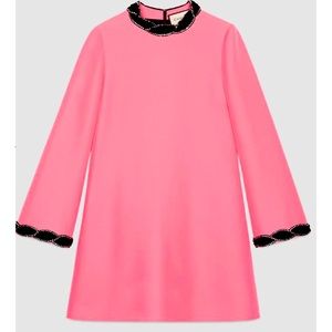New with tags Gucci shift dress. Pink with velvet trim with crystal details.
